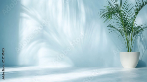 Blurred shadow from palm leaves on the light blue wall.