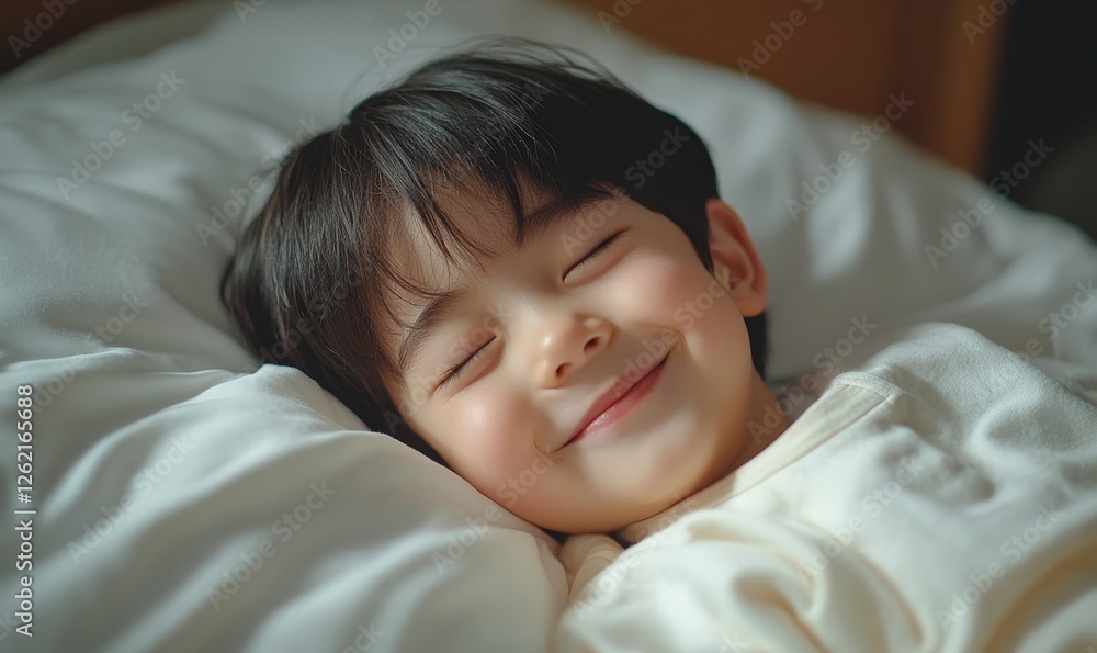 Happy smile child sleep with good dream in bed, Generative AI Happy smile child sleep with good dream in bed, Generative AI