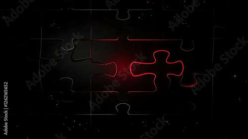 Red Puzzle Piece Highlights Completion Strategy in Dark Black Jigsaw Teamwork Connectivity Game