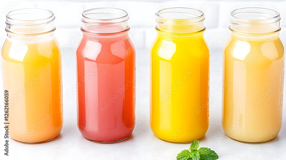 Refreshing Array of Juices in Mason Jars Bright and Colorful Display with Natural Ingredients Refreshing Array of Juices in Mason Jars Bright and Colorful Display with Natural Ingredients