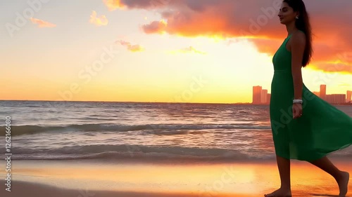 Woman Walking on Beach at Sunset