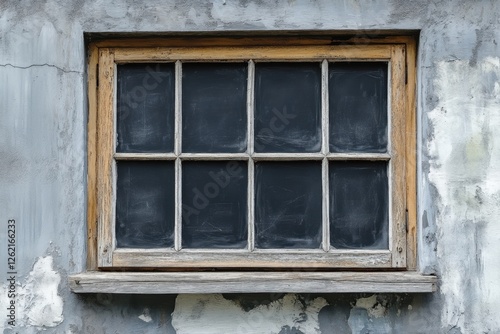 Eight pane window in a weathered wall shows signs of age
