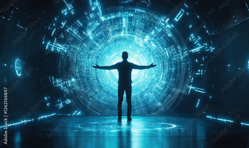 Businessman standing in front of a futuristic interface with holographic data. Technology and business concept, Generative AI Businessman standing in front of a futuristic interface with holographic data. Technology and business concept, Generative AI