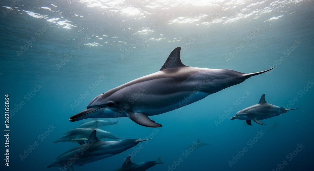 Group of dolphins swimming underwater in crystal clear ocean. Dolphin Awareness Month Group of dolphins swimming underwater in crystal clear ocean. Dolphin Awareness Month