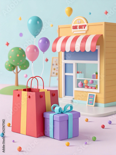 Festive Shop Bags Gift Balloons Pastel Background