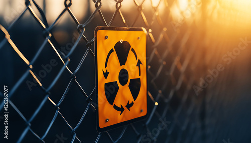 Caution sign on fence in warm sunlight warning of radioactive risk, symbolizing environmental safety concerns. photo