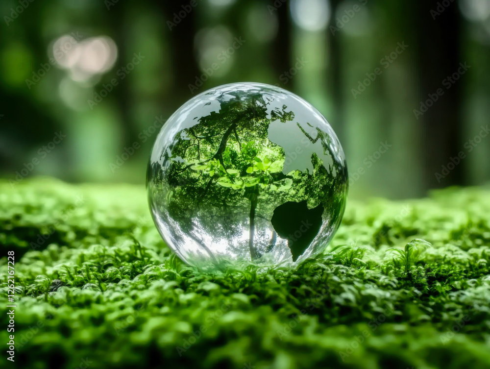 Crystal globe glass on green moss in forest to protect nature Save and care World for sustainable Crystal globe glass on green moss in forest to protect nature Save and care World for sustainable