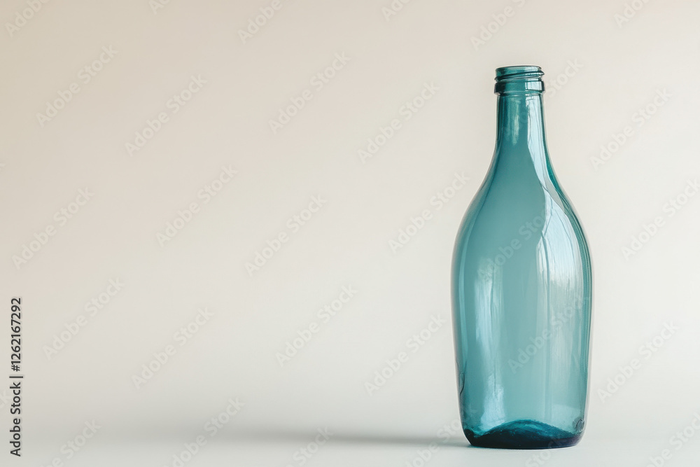 Elegant blue glass bottle on a minimalist beige background, showcasing simplicity and sophistication with natural light reflections. Elegant blue glass bottle on a minimalist beige background, showcasing simplicity and sophistication with natural light reflections.