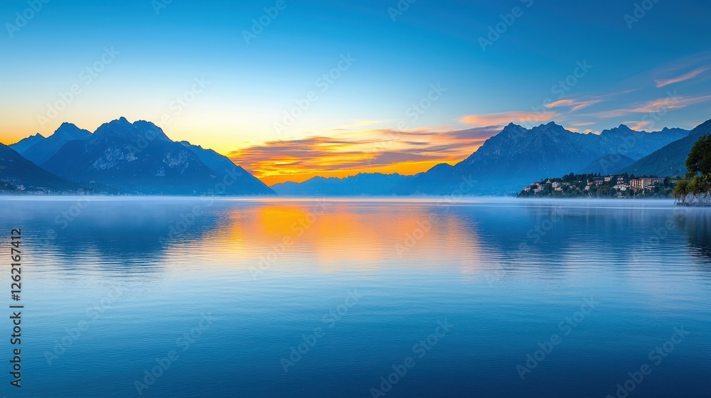 Serene Sunrise Over Mountain Lake And Town Serene Sunrise Over Mountain Lake And Town