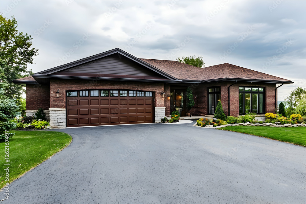 Contemporary Suburban Residence with Brown Garage and Asphalt Driveway in Overcast Light. Contemporary Suburban Residence with Brown Garage and Asphalt Driveway in Overcast Light.