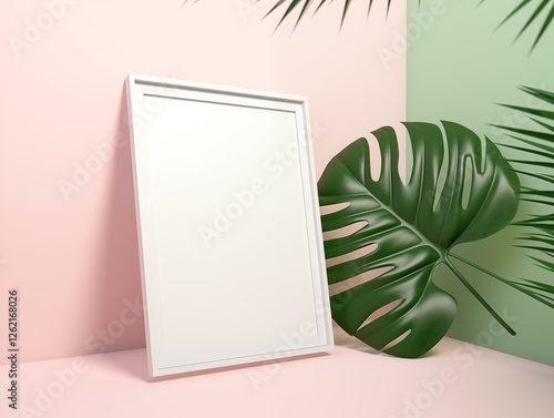 : A white photo frame leaning against a light pink wall, with a large green monstera leaf lying beside it. Photorealistic mockup style, hyper-detailed, high resolution.