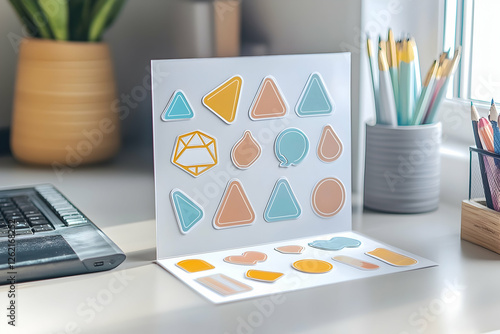 Blank sticker sheet mockup with various customizable shapes on a desk.