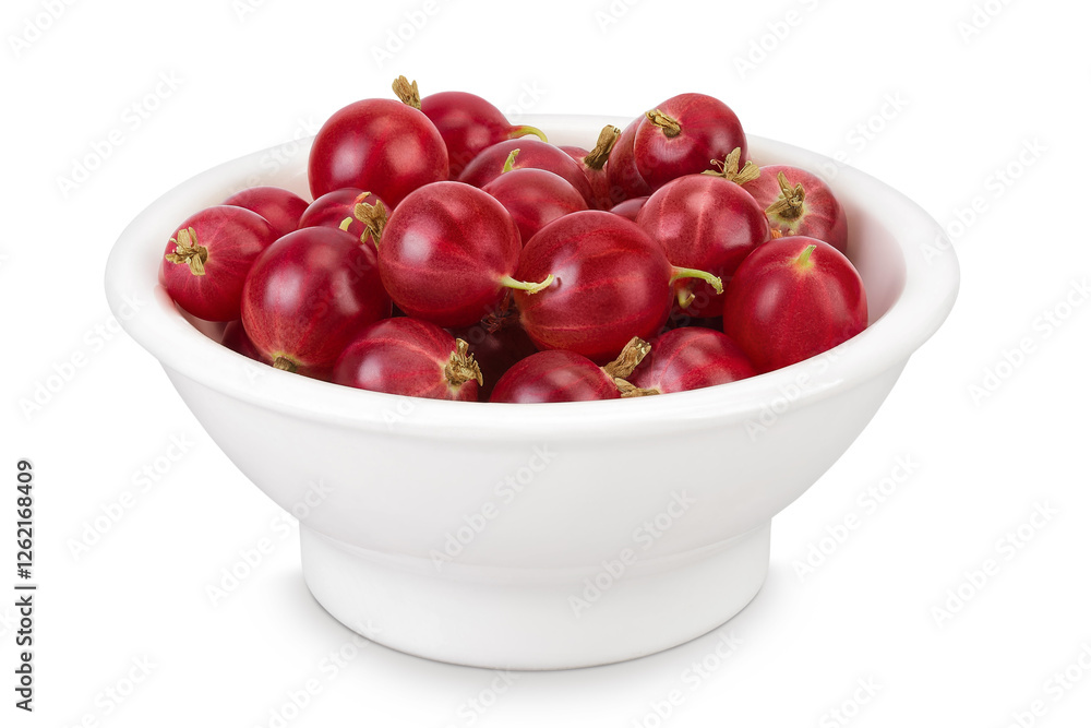 Red gooseberry in ceramic bowl isolated on white background with full depth of field. Red gooseberry in ceramic bowl isolated on white background with full depth of field.