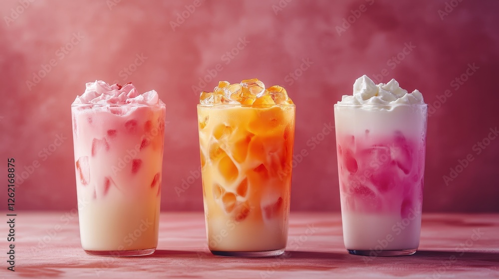 Refreshing summer beverages in colorful glasses with ice, perfect for hot days and gatherings Refreshing summer beverages in colorful glasses with ice, perfect for hot days and gatherings