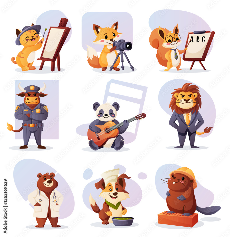 Vector set with cute anthropomorphic animals representing professions such as artist, photographer, teacher, police officer, musician, businessman, doctor, chef, and builder Vector set with cute anthropomorphic animals representing professions such as artist, photographer, teacher, police officer, musician, businessman, doctor, chef, and builder