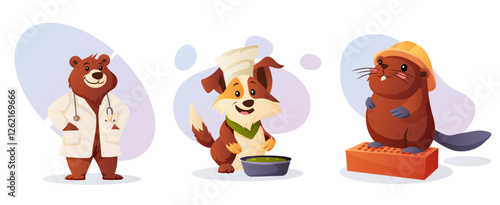 Colorful vector set featuring a bear doctor, a dog chef, and a beaver builder, representing different professions  
