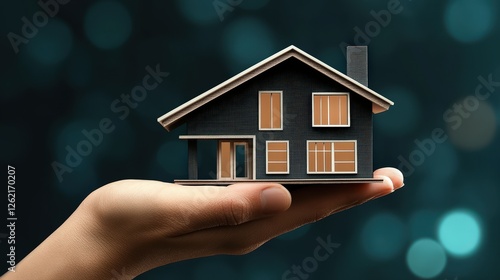 Elegant Black House in Hand Against a Soft Blue Background