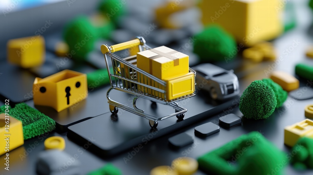 Obraz premium Shopping Cart Surrounded by Delivery Boxes and Green Landscapes