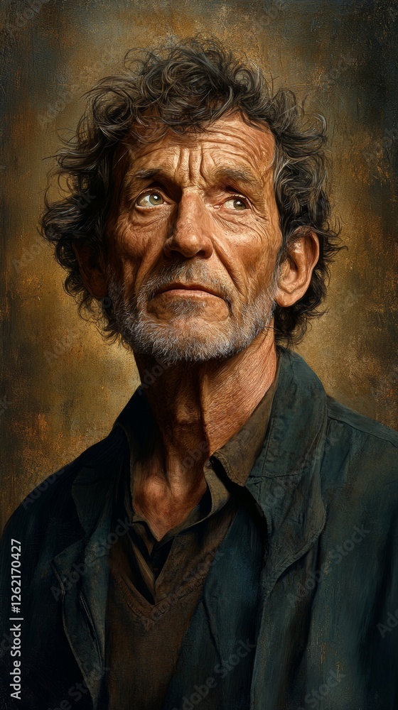 Fototapeta premium Vintage Illustration of Old Man with Brown Curly Hair and Introspective Expression in Historical Setting Concept Art, Generative AI