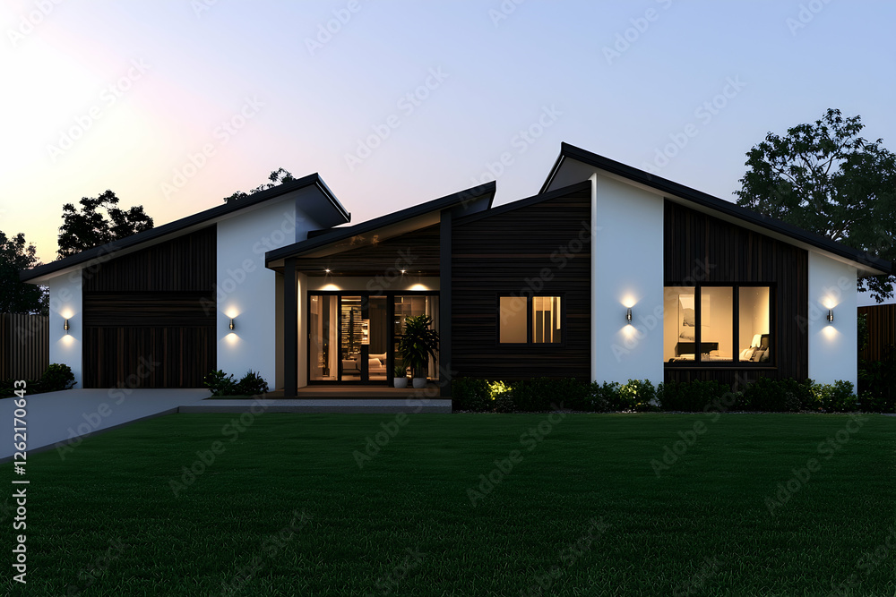Obraz premium Australian Home with Dark Timber Cladding, White Walls, and a Grassy Yard at Night.