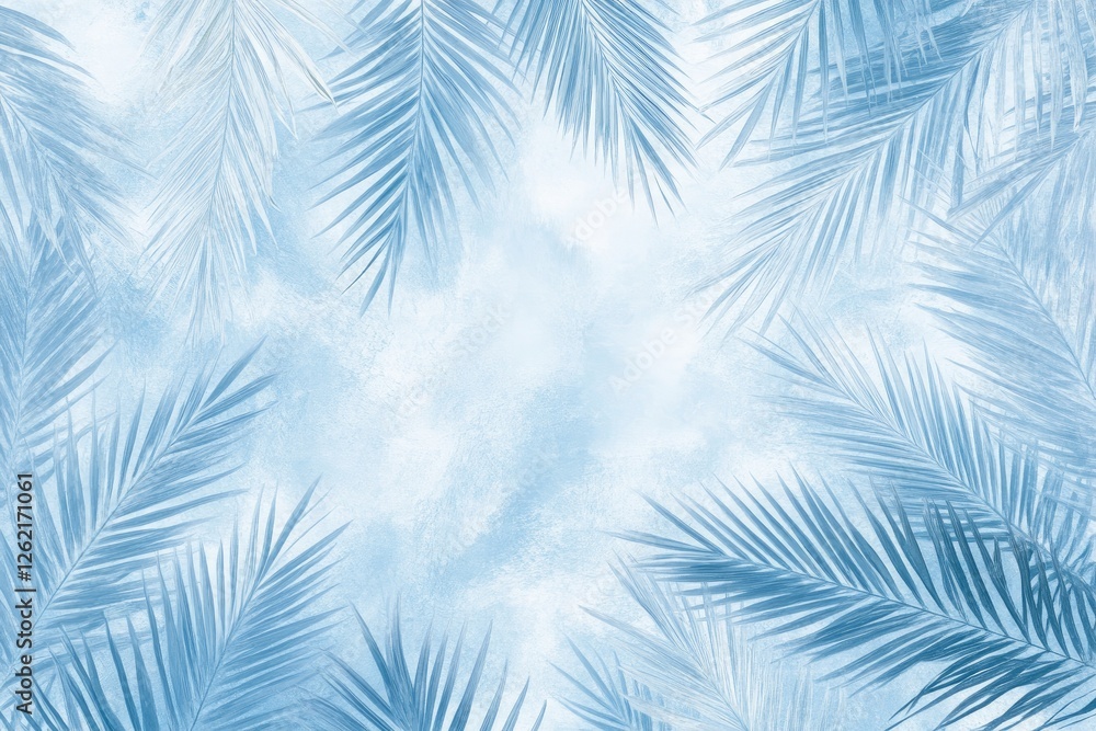 Blue Palm Leaves Frame, Sky Background, Tropical Design Blue Palm Leaves Frame, Sky Background, Tropical Design
