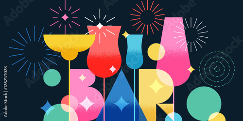 Bar word, colorful cocktails on black background. Night party banner, poster, drinks menu design. Vector illustration