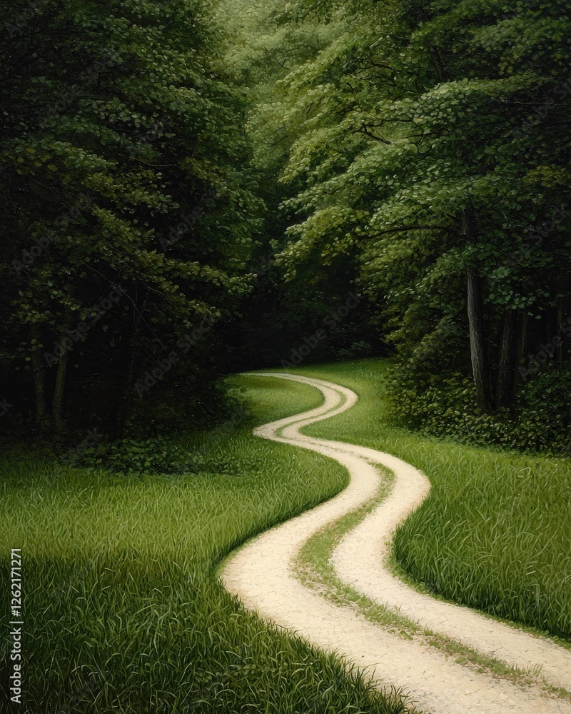 Fototapeta premium A winding path through lush greenery, leading into a serene forest, inviting exploration and tranquility.