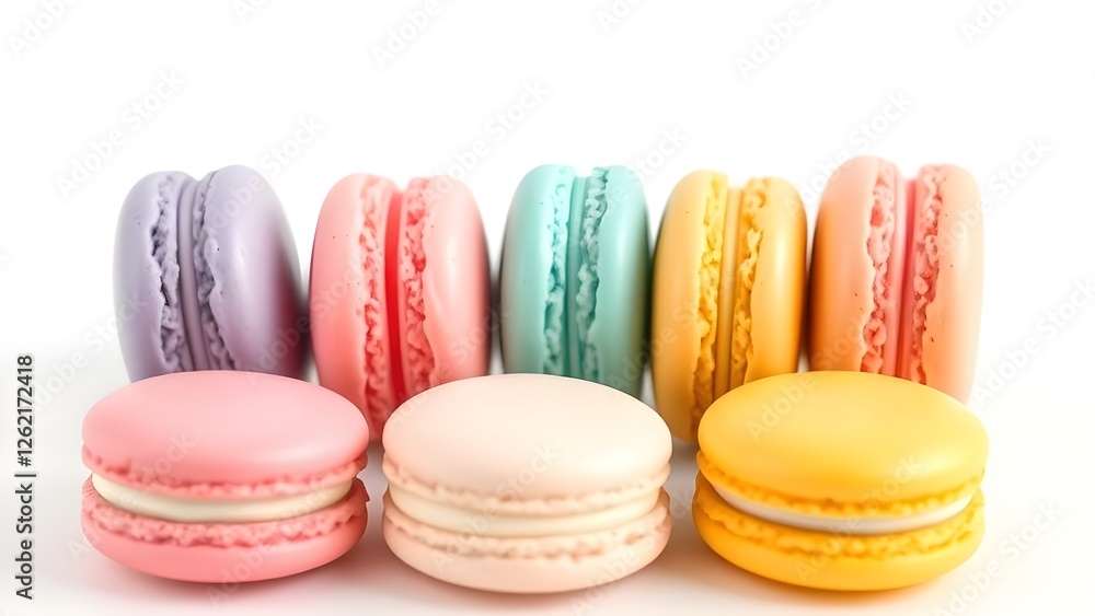 Macaroons in various colors. White background