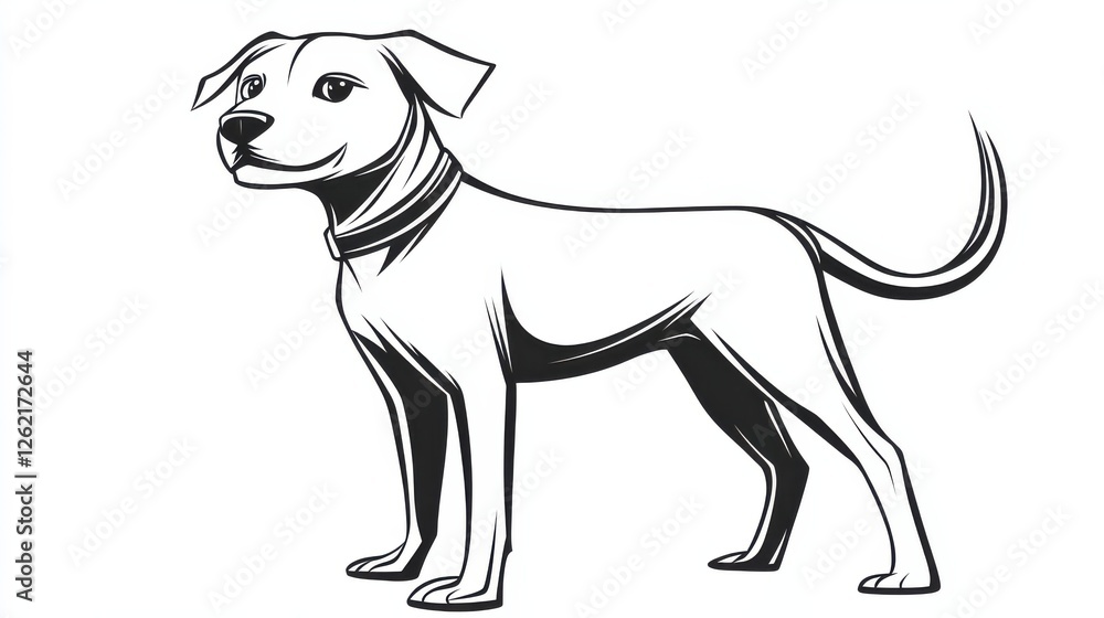 Black and White Dog Illustration with Collar and Cheerful Expression Black and White Dog Illustration with Collar and Cheerful Expression