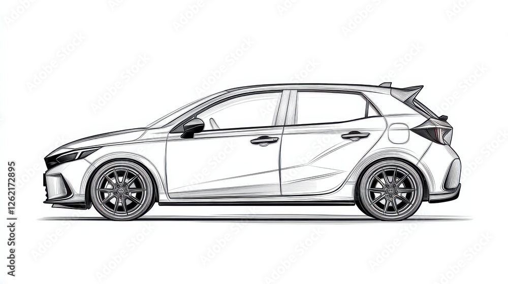 Obraz premium Outline of a Modern Compact Car in Side View on White Background