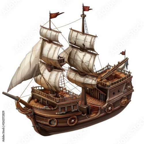 Wooden Pirate Galleon Ship with Sails Against a White Sky Background an Artful Nautical Vessel photo