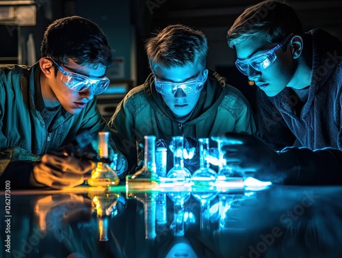 Three students conduct a science experiment, glowing beakers.