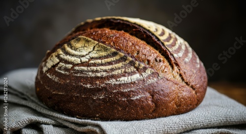 A round loaf of dark rye bread with caraway seeds on top, sitting on a rustic linen cloth photo