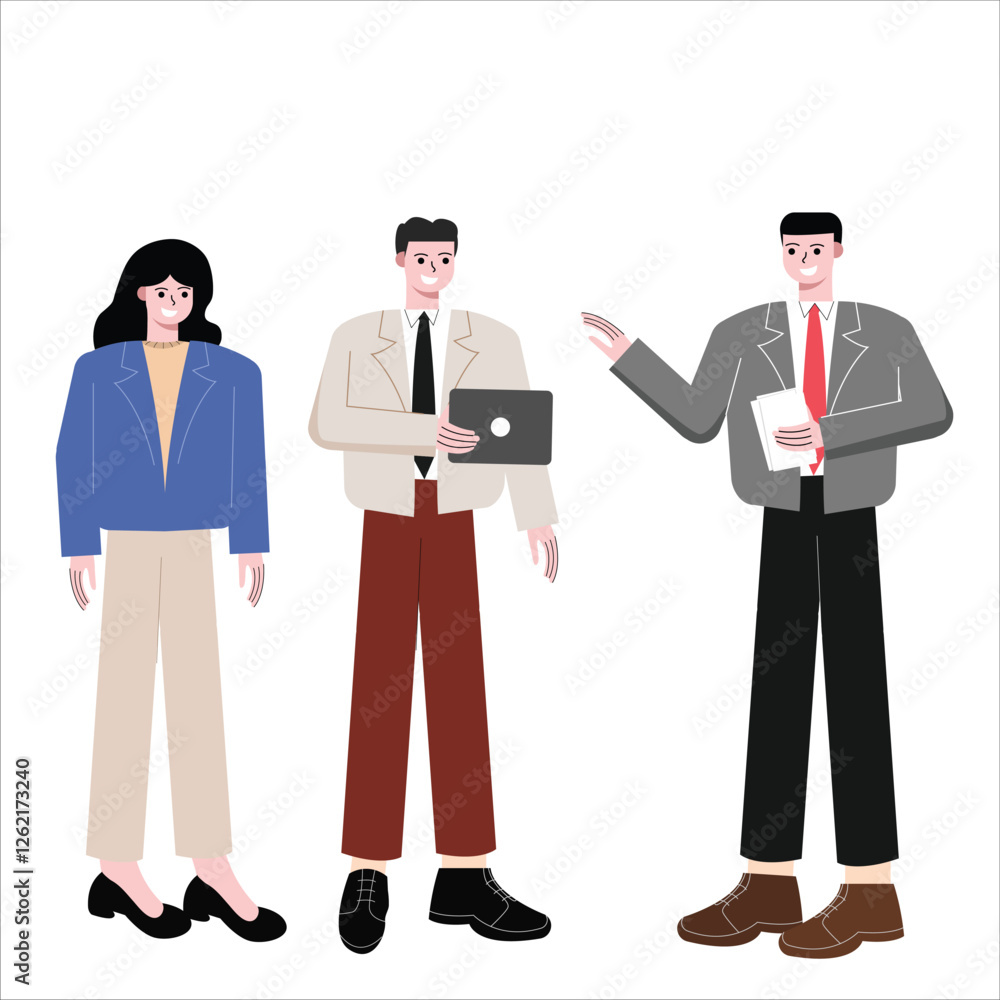 Male business workers having discussion. Office workers team discussion. Boss giving suggestion, idea, brainstorming to employees. Flat design vector illustration isolated on white background Male business workers having discussion. Office workers team discussion. Boss giving suggestion, idea, brainstorming to employees. Flat design vector illustration isolated on white background