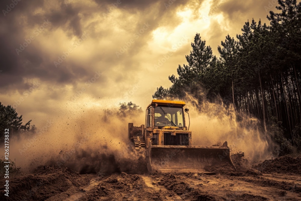 Fototapeta premium Heavy Machinery at Work in Dusty Construction Site Facing Sunset