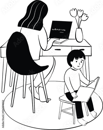 Busy mother working at home with child reading a book