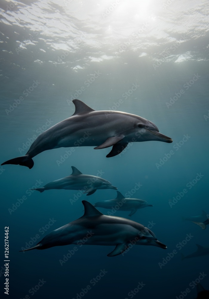 Underwater scene of playful dolphins swimming in ocean sunlight Underwater scene of playful dolphins swimming in ocean sunlight