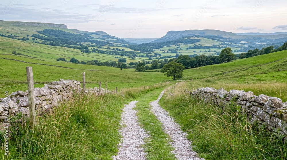 Country lane through a valley, peaceful countryside scene, ideal for relaxation, hiking