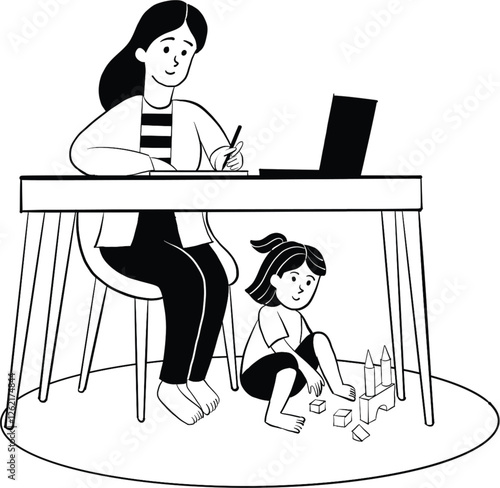 image of busy mother freelance at home with child playing around