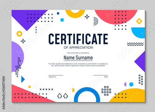 Appreciation certificate template with geometric Memphis shapes. Vector diploma, honor trophy frame with abstract figures, elements, vibrant colors, place for recipient name, date and signature
