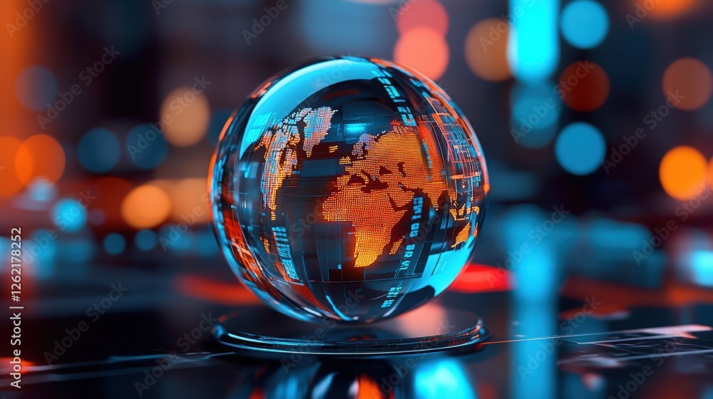 Futuristic Glass Globe with Data Visualization and Digital Effects Futuristic Glass Globe with Data Visualization and Digital Effects