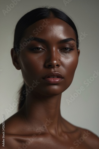 Ethereal beauty captured in soft light, showcasing striking features and a serene expression against a minimalist background