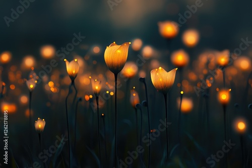 Glowing flowers illuminate a dark field, creating a magical, ethereal scene. photo