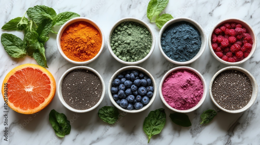 Colorful Superfood Powders on Marble Surface Colorful Superfood Powders on Marble Surface