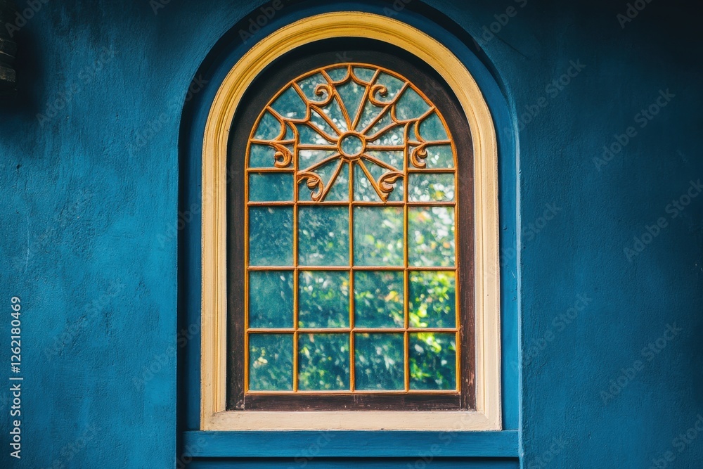 Ornate golden window frame adorns a vivid blue painted wall Ornate golden window frame adorns a vivid blue painted wall