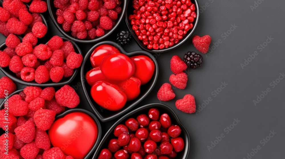 Assortment of Fresh Red Berries and Fruits in Heart-Shaped Bowls Assortment of Fresh Red Berries and Fruits in Heart-Shaped Bowls