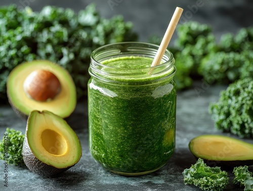 Healthy Green Smoothie with Kale and Avocado photo