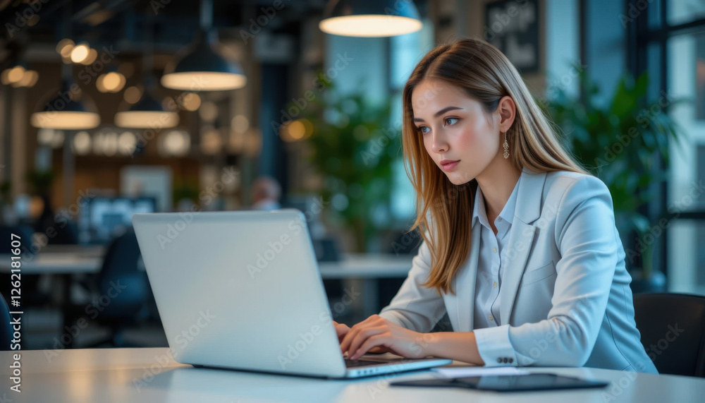 Professional Woman Working on Laptop in Modern Office with Natural Light and Greenery in Background Professional Woman Working on Laptop in Modern Office with Natural Light and Greenery in Background