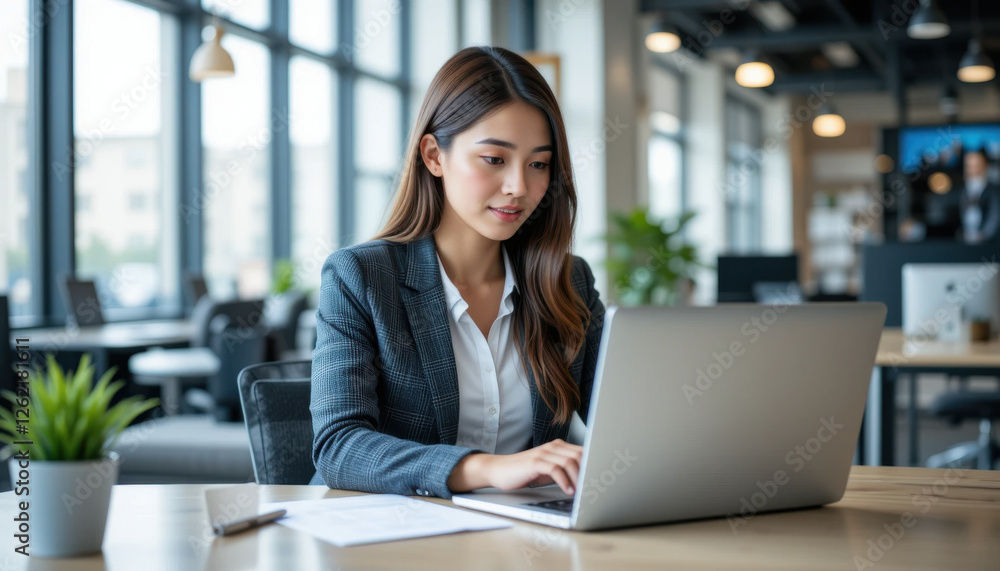 Professional Businesswoman Working on Laptop in Modern Office with Large Windows and Natural Light Professional Businesswoman Working on Laptop in Modern Office with Large Windows and Natural Light