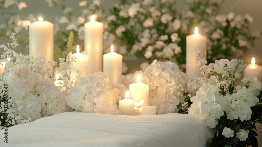 A white table with candles and flowers on it A white table with candles and flowers on it